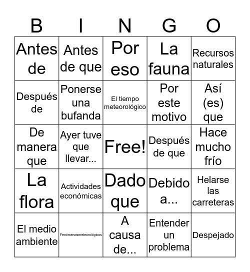 Spanish 3 Chapter 7 Bingo D Bingo Card