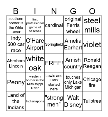 Illinois and Indiana Bingo Card