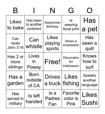 Getting To Know You Bingo Card