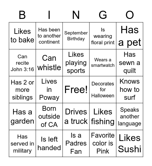 Getting To Know You Bingo Card