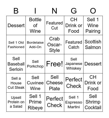 Bartender Bingo Card