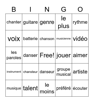 La musique Bingo Card