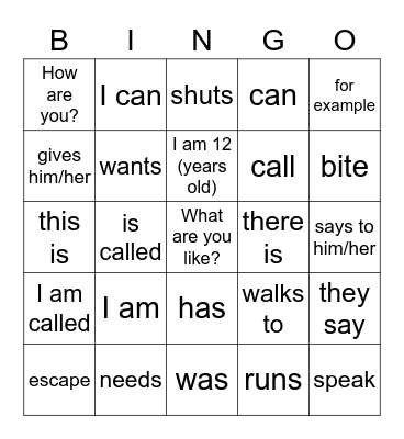 Verbs y Vocabulario (inglés) Bingo Card