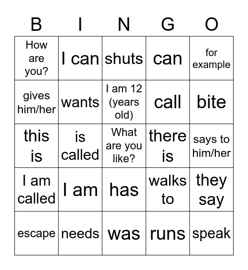 Verbs y Vocabulario (inglés) Bingo Card