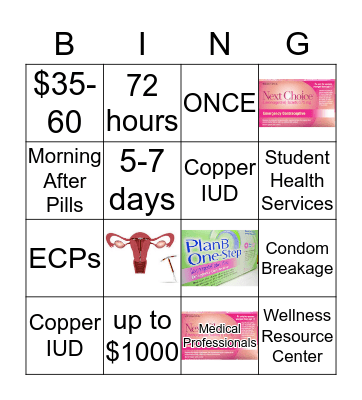 Emergency Contraception Bingo Card