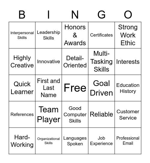 Resume Building Bingo Card