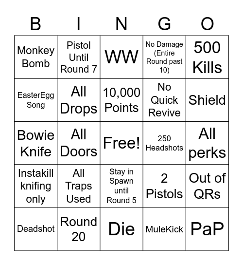BO3 Zombies Bingo Card