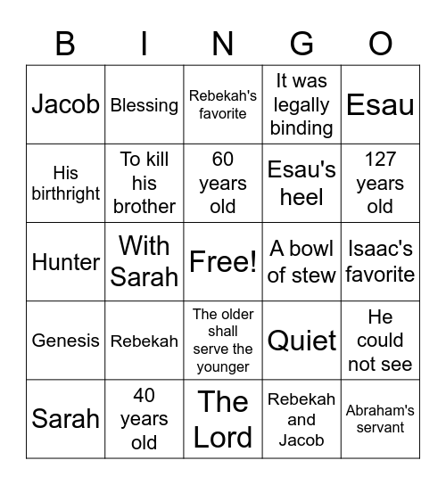 Esau and Jacob Bingo Card
