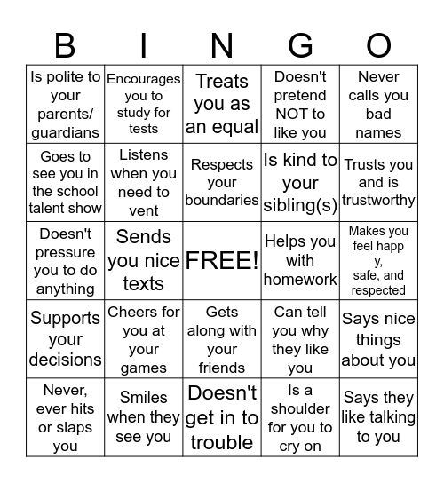 Healthy Relationships 101 Bingo Card