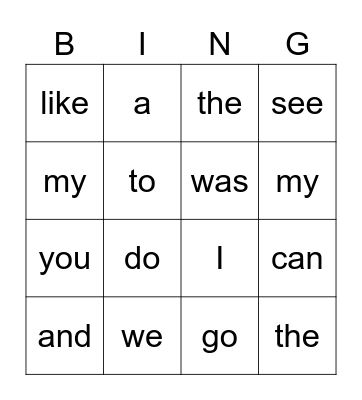 Sight Words Bingo Card