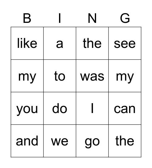 Sight Words Bingo Card