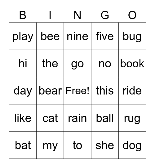 Words Bingo Card