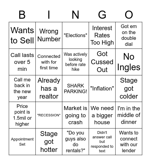 Serene Team Call Night Bingo Card