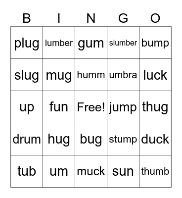 short U words Bingo Card