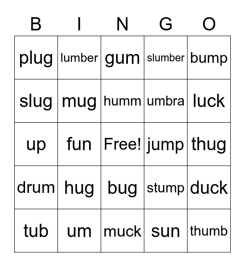 short U words Bingo Card