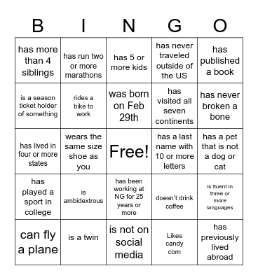 Networking Bingo Card
