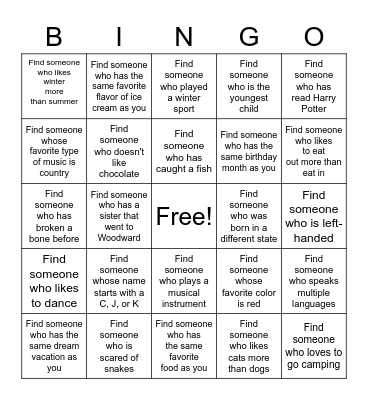 Get to Know Each Other Bingo Card