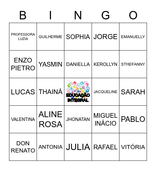 BINGO DOS NOMES 4º ANO EDUCAÇÃO INTEGRAL Bingo Card