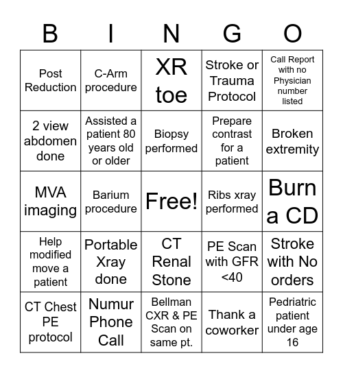 Radiology Tech Week Bingo Card