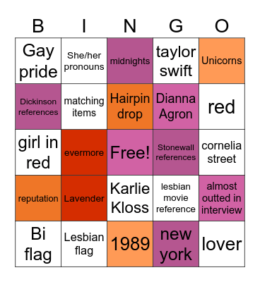 Taylor Swift Flagging Bingo Card