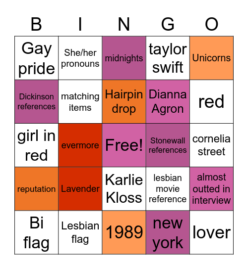 Taylor Swift Flagging Bingo Card