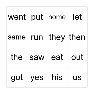 Snap Words Bingo Card