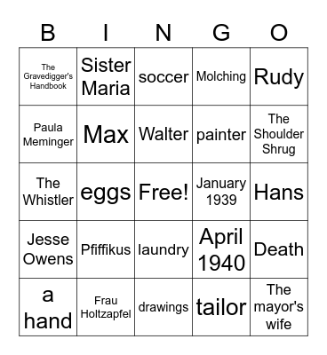 The Book Thief, so far Bingo Card