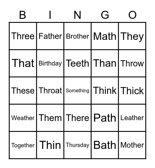 Hard and Soft -th- words Bingo Card