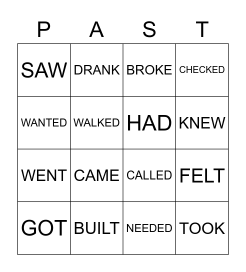 VERBS SIMPLE PAST Bingo Card