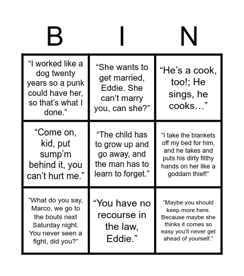 A View From The Bridge - Bingo Card