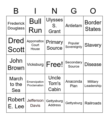 Civil War Bingo Card