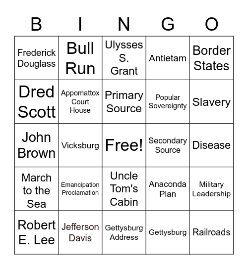 Civil War Bingo Card