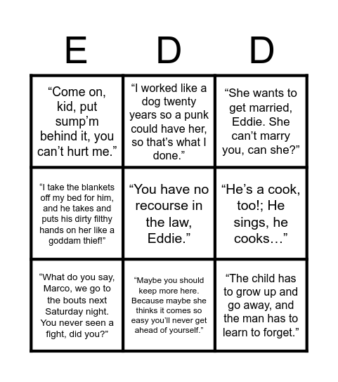 A View From The Bridge - Bingo Card