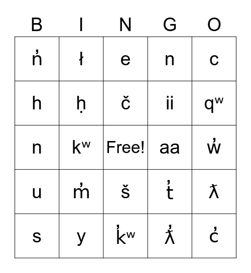 Nuu-chah-nulth Alphabet Bingo Card