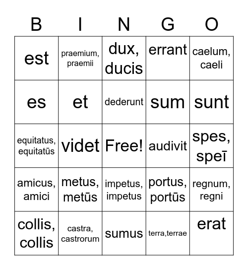 Latin Vocab Bingo Card