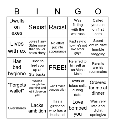 Tinder Date Bingo Card