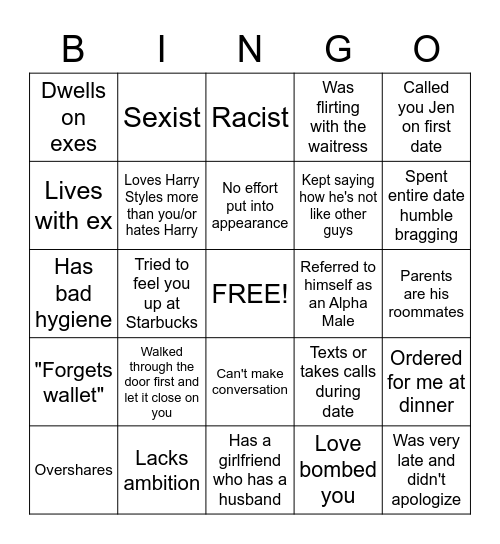 Tinder Date Bingo Card