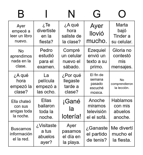 El pretérito Bingo Card