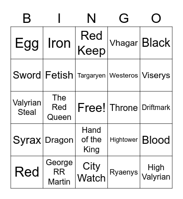 House of the Dragon Bingo Card