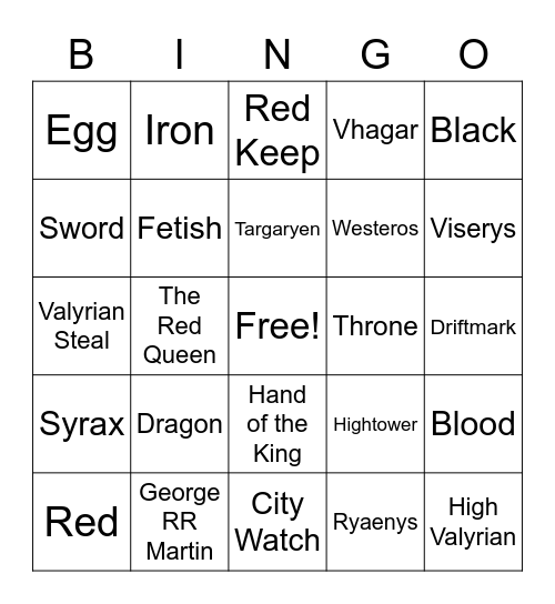 House of the Dragon Bingo Card