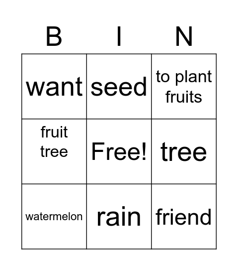 Year 2 Lesson 10 Bingo Card