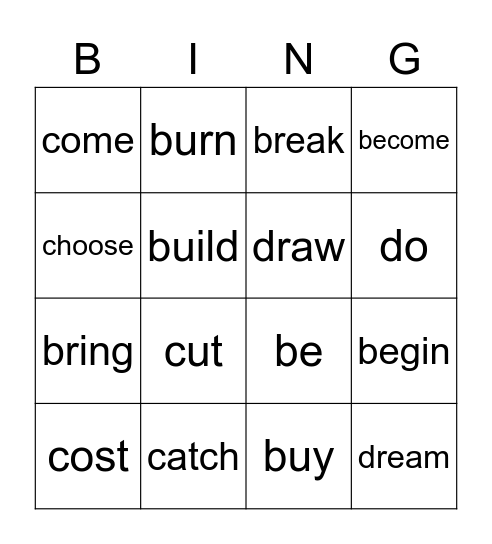 irregular verbs Bingo Card