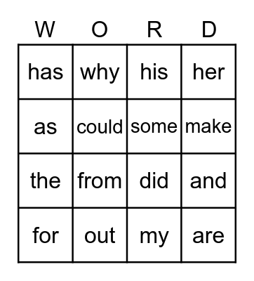 Sight Words Bingo Card