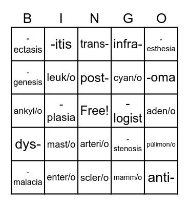 Medical Terminology Bingo Card