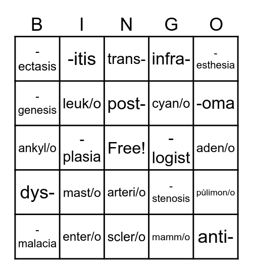 Medical Terminology Bingo Card