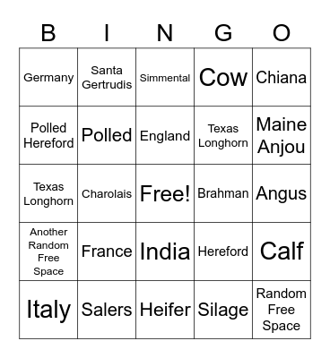 Beef Cattle Bingo Card