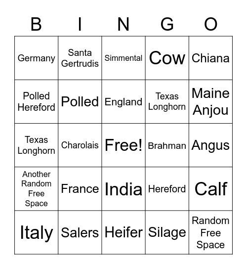 Beef Cattle Bingo Card