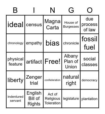 US History: Unit 1 Vocabulary Bingo Card