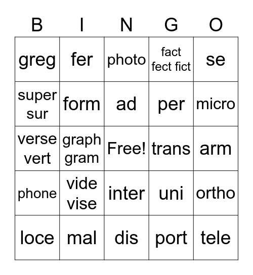 1st Block Morphology Bingo Card