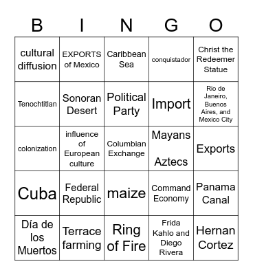 Unit 3 - Mexico and Latin America Bingo Card